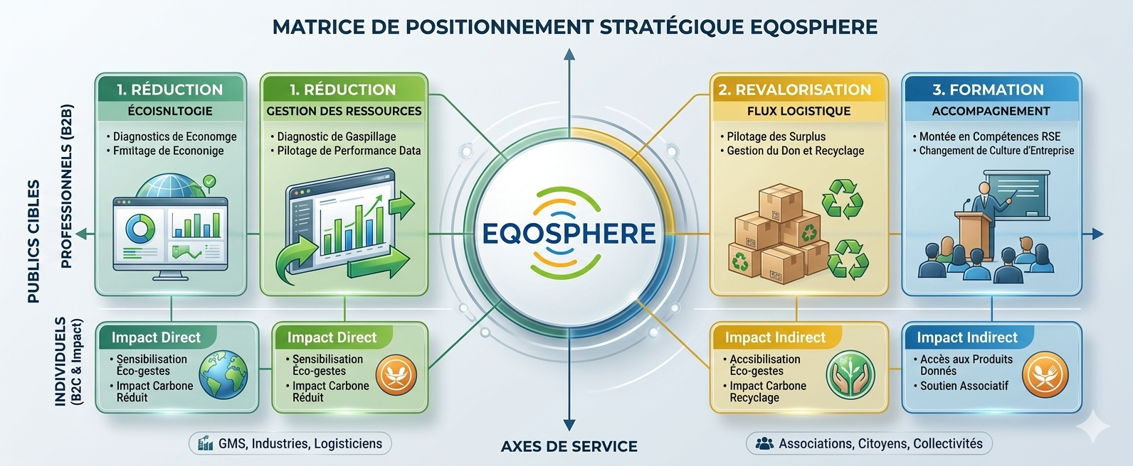Matrice de positionnement stratégique EQOSPHERE — acteurs publics et privés, axes de service anti-gaspillage